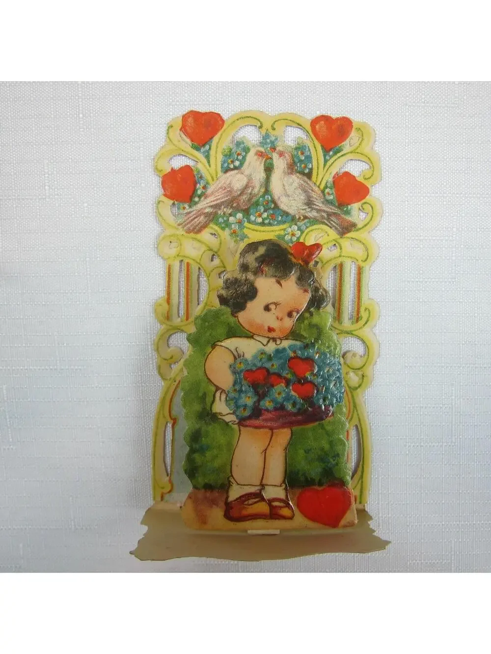 Vintage Valentine Pull Down Die Cut Girl Flower Basket Stand Up Germany 1920-30s